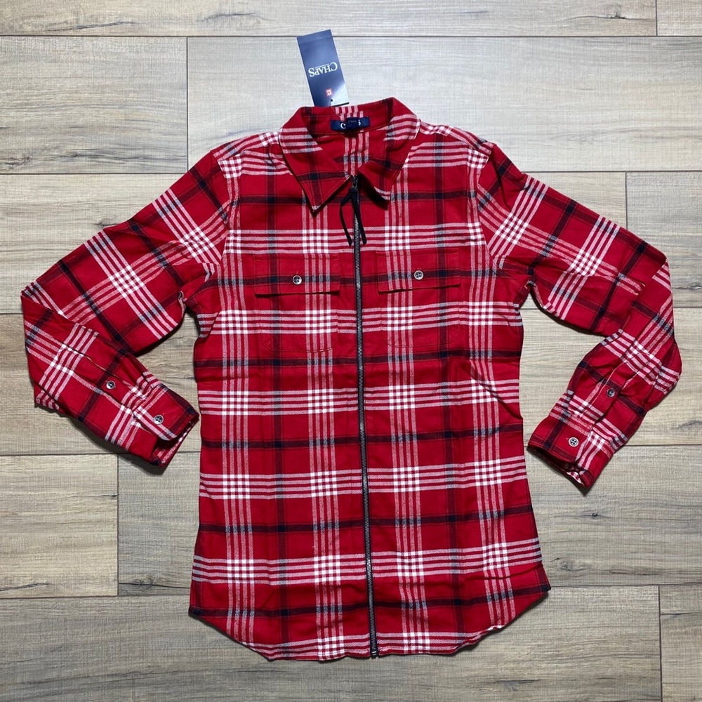 Chaps Womens Plaid Zip Front Long Sleeve Shirt Size XS Black Red White